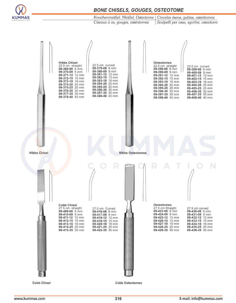 Bone chisels, gouges, osteotomes